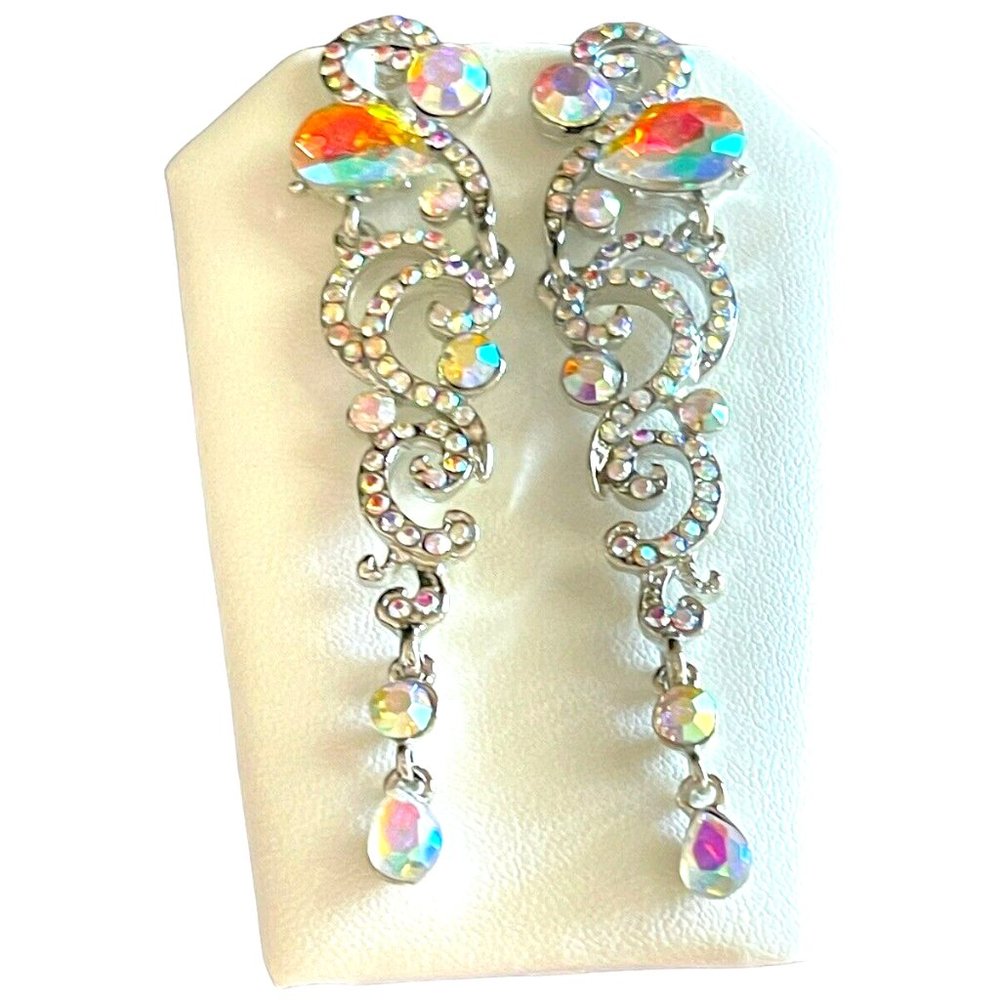 Rhinestone Dangle Earrings Silver AB Crystal Drop Earrings Prom Dress Earrings